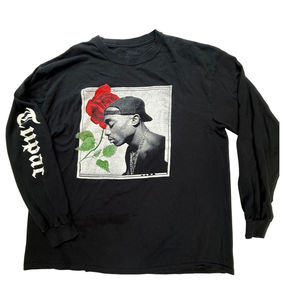 2Pac Tupac Shakur Graphic T-Shirt Bundle Mens XL Long Sleeve Rose Grid 2 Pack - Picture 2 of 11